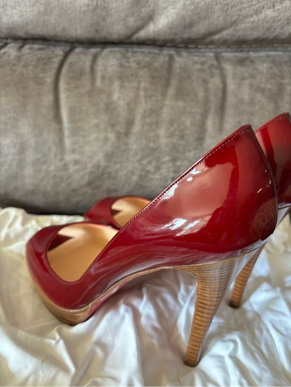 Christian Louboutin Burgundy Patent Peep-Toe Pumps